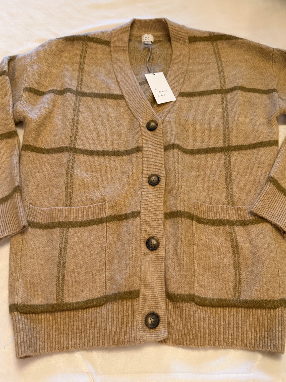 NWT a new day Camel Cardigan Windowpane Sweater - Warm Tan Knit XS